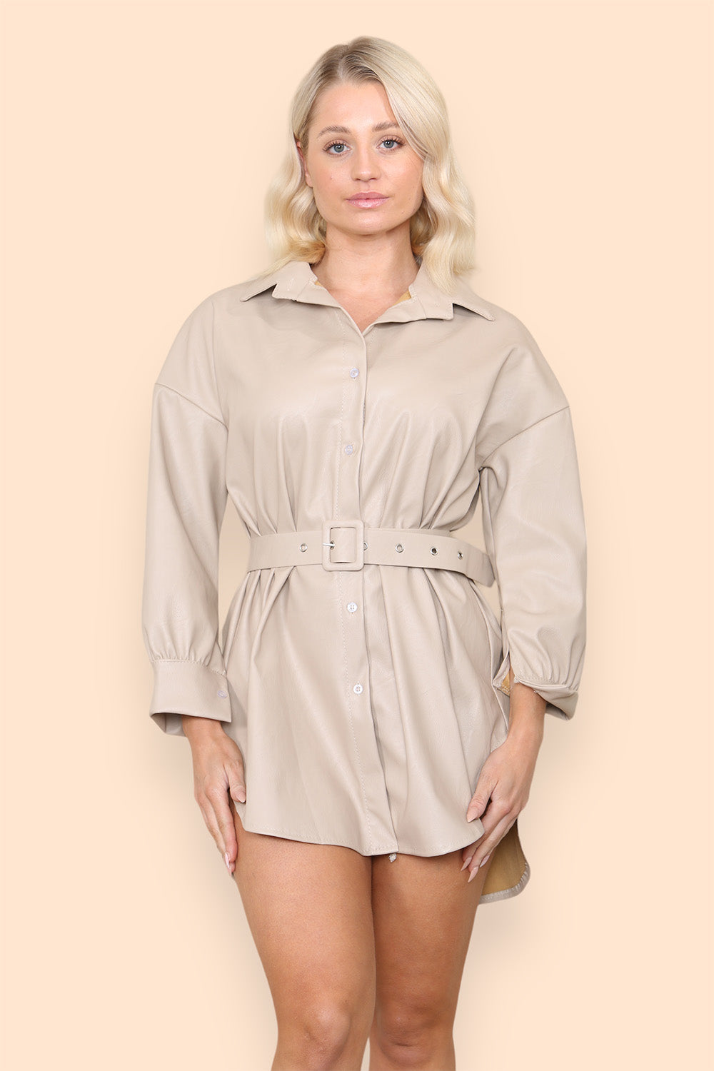 PU Faux Leather Belted Wet Look Shirt Dress - 9th Degree