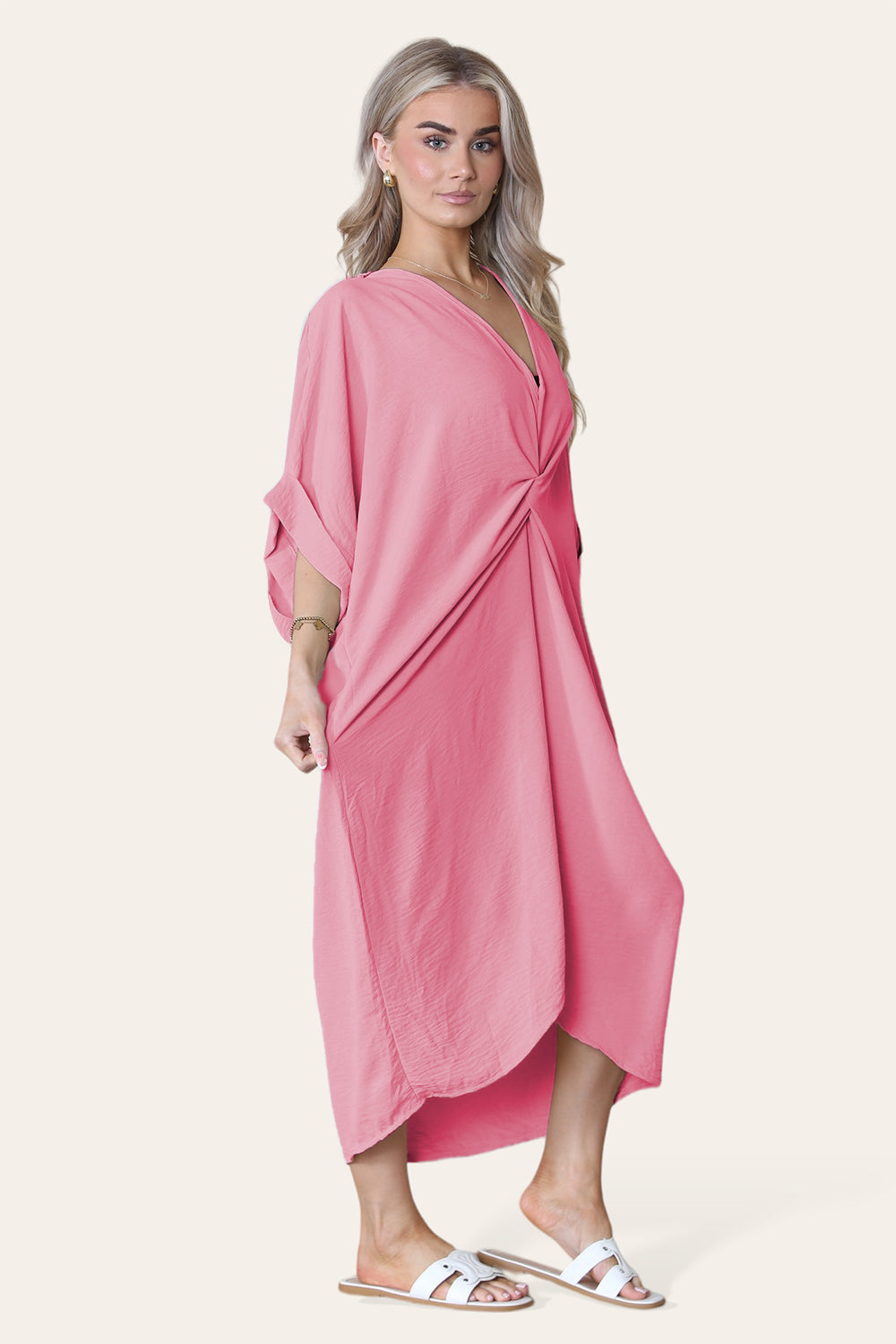 Womens V-Neck Tie Knotted Twisted Front Oversized Longline Midi Dress - 9th Degree