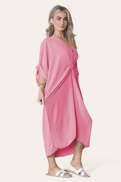 Womens V-Neck Tie Knotted Twisted Front Oversized Longline Midi Dress - 9th Degree