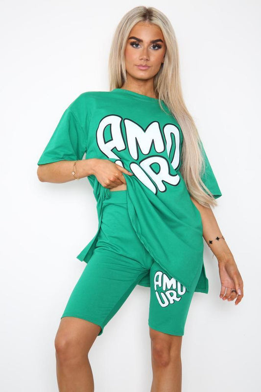 Amour Side Slit Cycling Short and T-Shirts Co-Ord Two Piece Set with Front Amour Slogan - 9th Degree