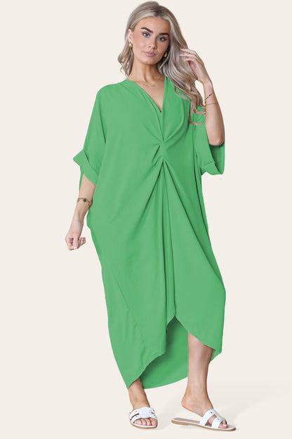 Womens V-Neck Tie Knotted Twisted Front Oversized Longline Midi Dress - 9th Degree