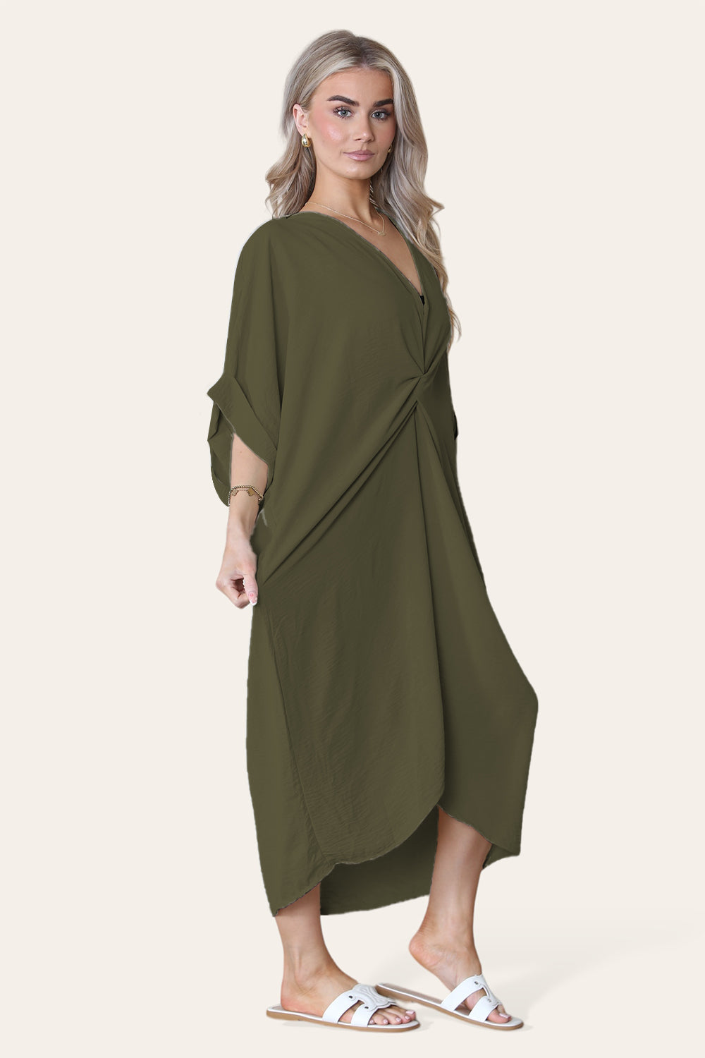 Womens V-Neck Tie Knotted Twisted Front Oversized Longline Midi Dress - 9th Degree