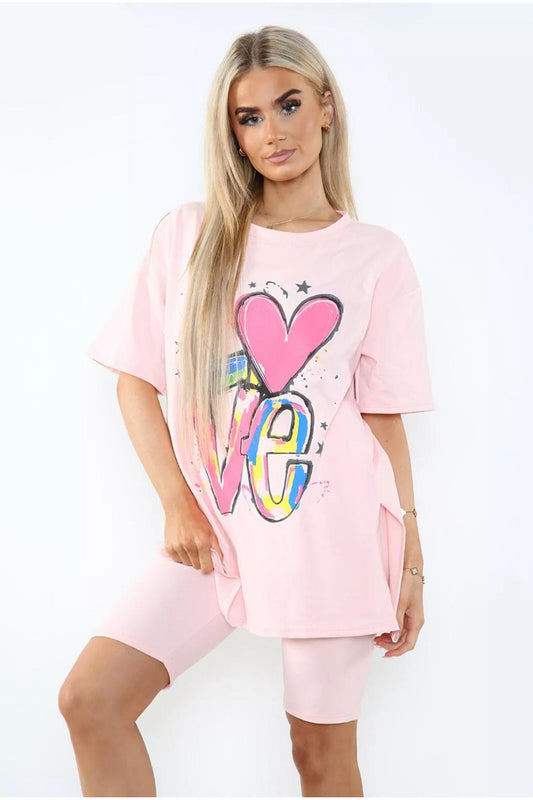 Love Side Slit Cycling Short and T-Shirts Co-Ord Two Piece Set with Front Love Slogan - 9th Degree