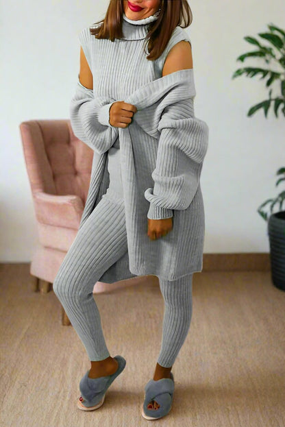 Ladies 3 Piece Suit Roll Neck Chunky Knitted Ribbed Tracksuit Lounge Set