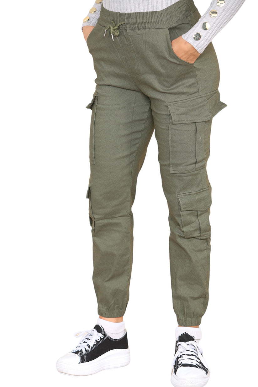 Cargo Pockets Pants Women High Waist Cropped Slim Fit Trouser