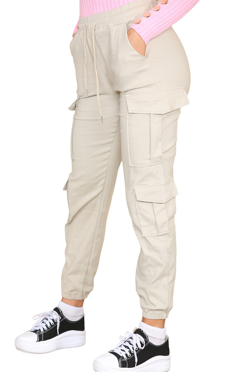 Cargo Pockets Pants Women High Waist Cropped Slim Fit Trouser