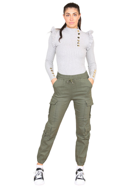 Cargo Pockets Pants Women High Waist Cropped Slim Fit Trouser