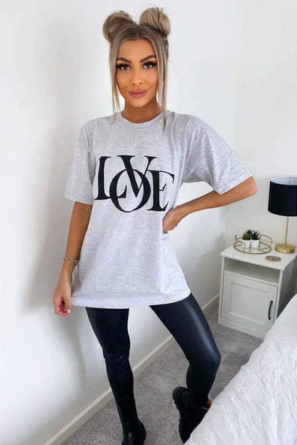 Ladies Oversized Love Print Slogan Short Sleeves T Shirt Top