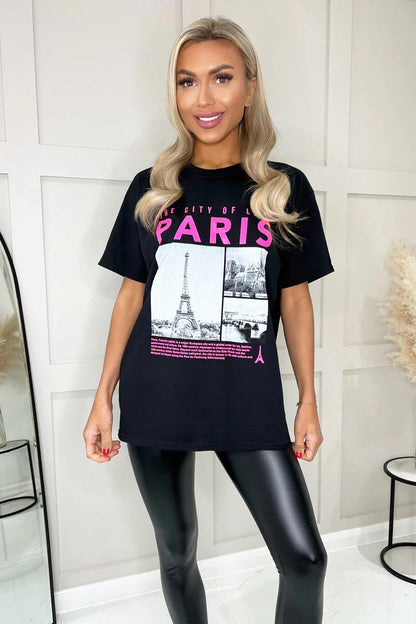 Ladies Oversized Paris Slogan Short Sleeves T Shirt Top