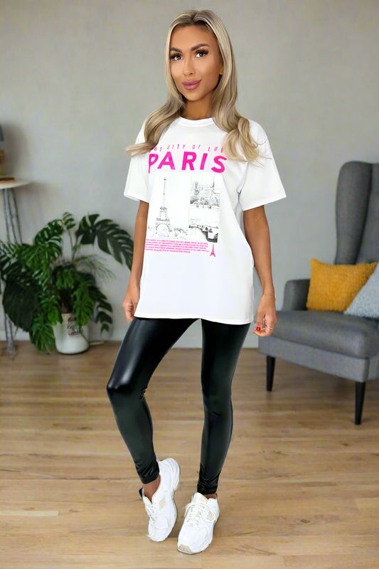 Ladies Oversized Paris Slogan Short Sleeves T Shirt Top