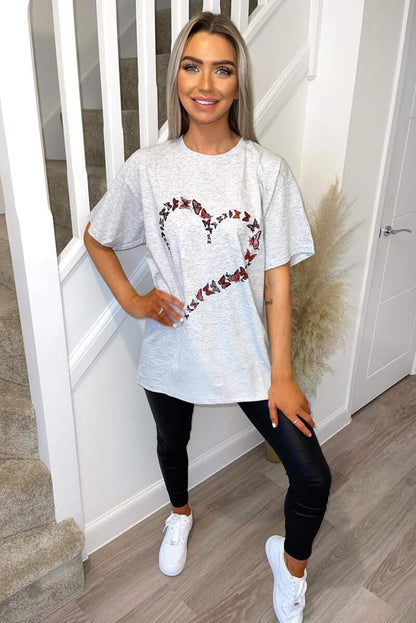 Ladies Oversized Printed Heart Short Sleeves T Shirt Top