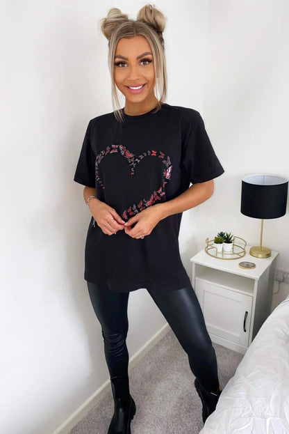 Ladies Oversized Printed Heart Short Sleeves T Shirt Top