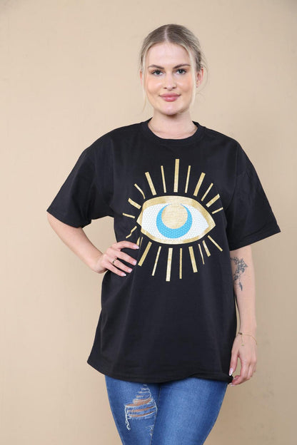 Ladies Oversized Sequin Eye Printed Short Sleeves T Shirt Top