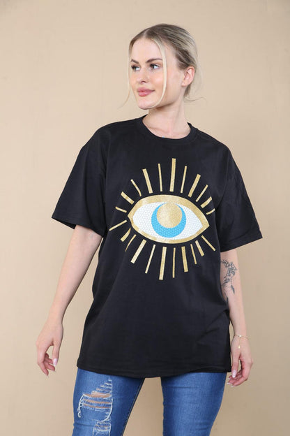 Ladies Oversized Sequin Eye Printed Short Sleeves T Shirt Top