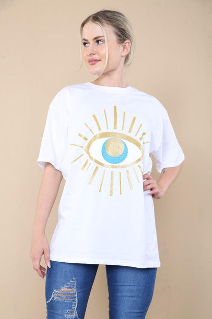 Ladies Oversized Sequin Eye Printed Short Sleeves T Shirt Top