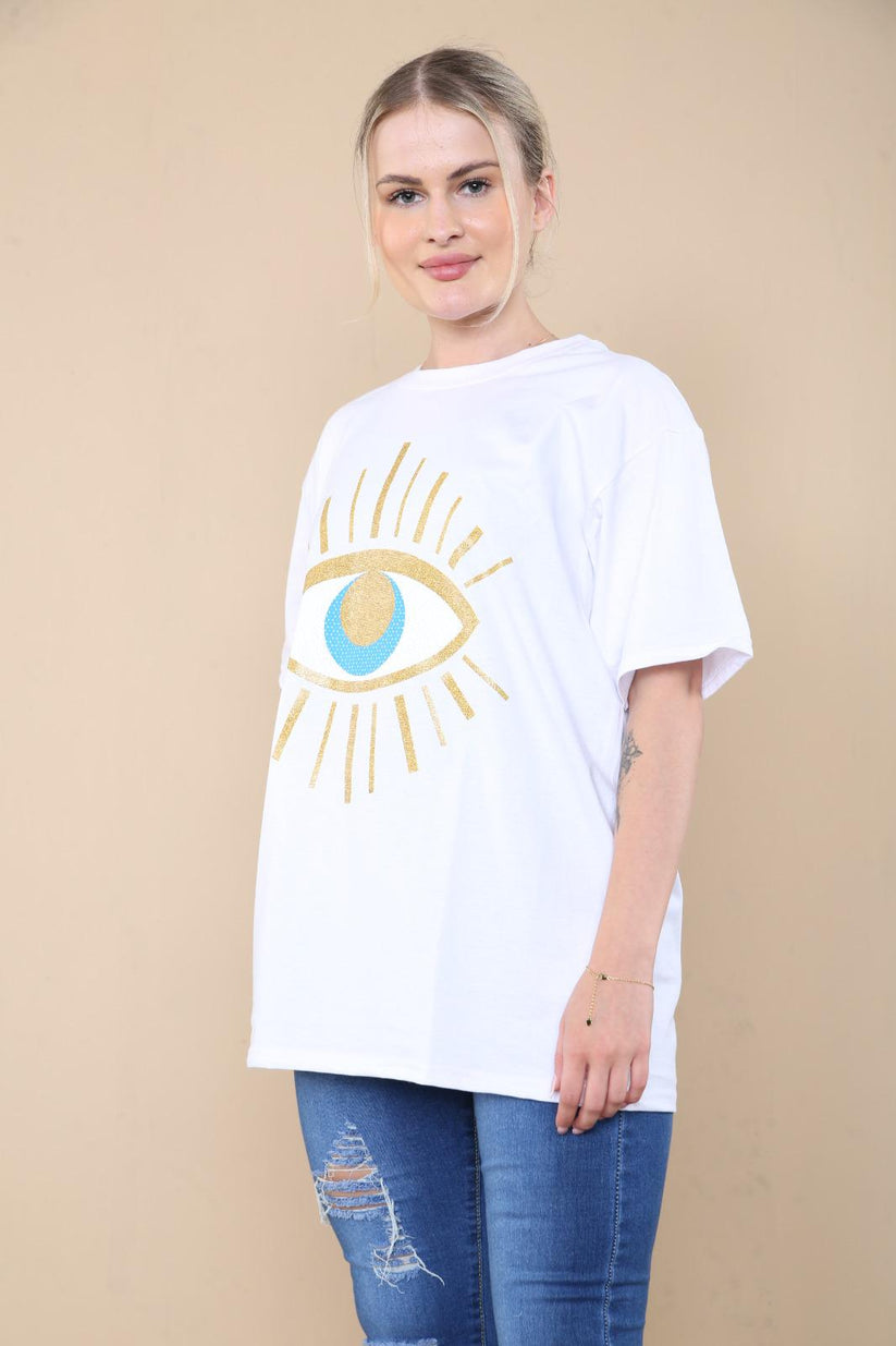 Ladies Oversized Sequin Eye Printed Short Sleeves T Shirt Top