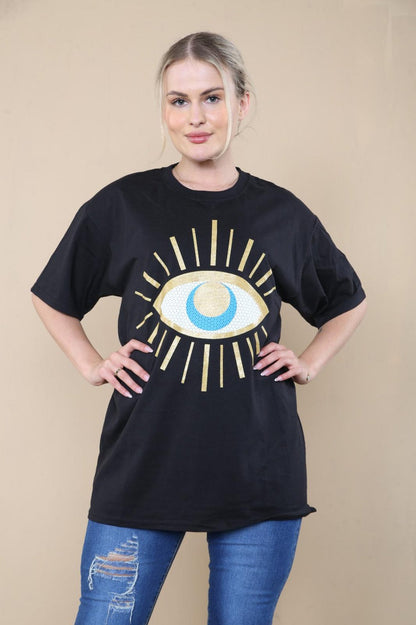 Ladies Oversized Sequin Eye Printed Short Sleeves T Shirt Top