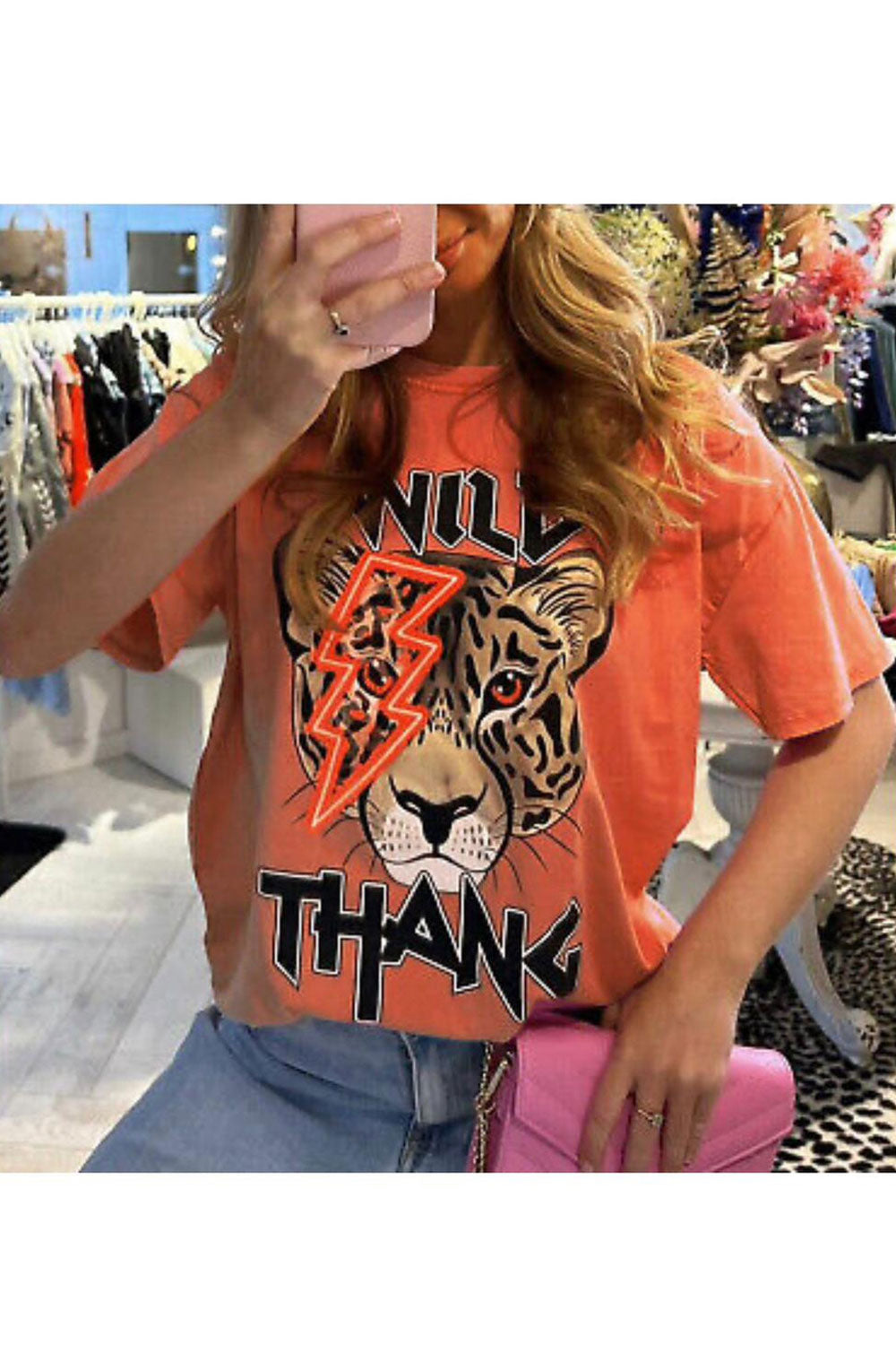 Ladies Oversized Tiger Lightning Wild Thang Short Sleeves T Shirt Top