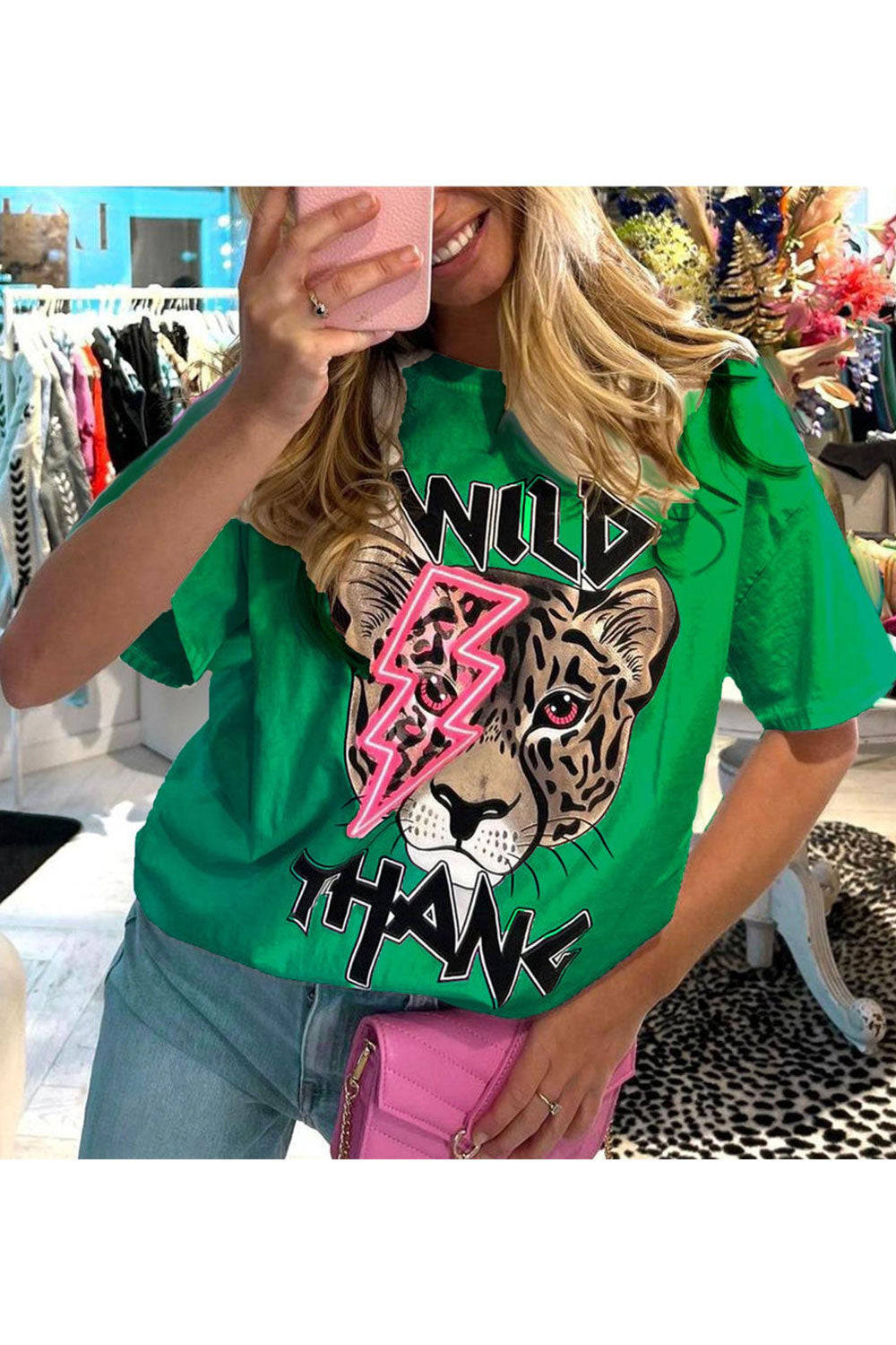 Ladies Oversized Tiger Lightning Wild Thang Short Sleeves T Shirt Top