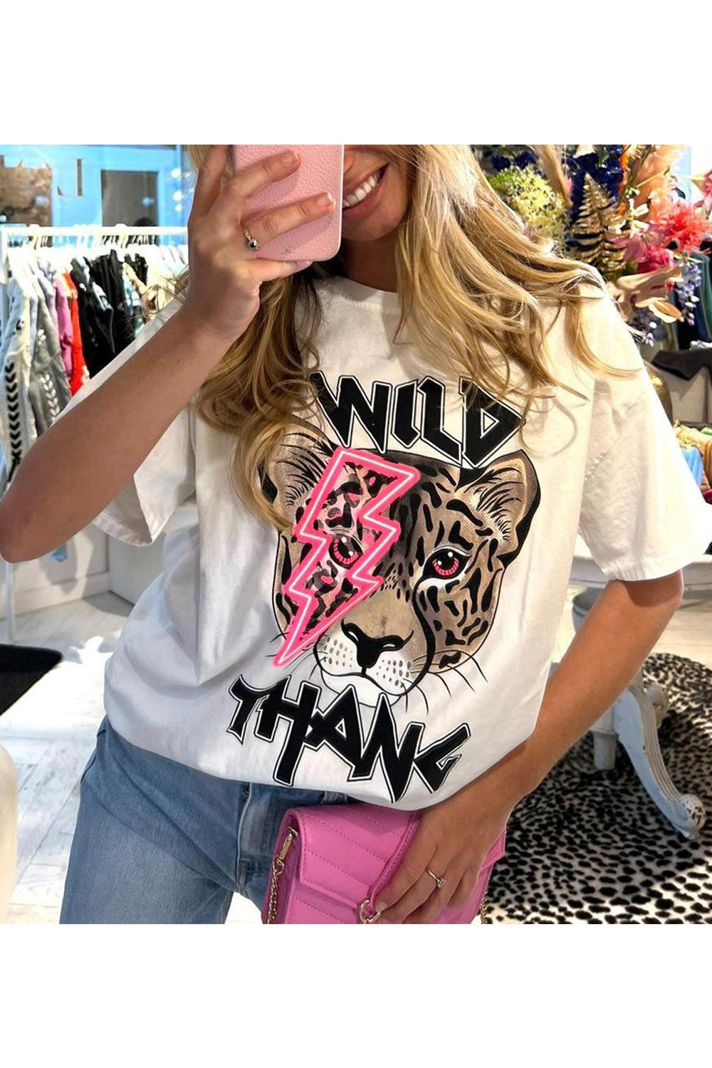 Ladies Oversized Tiger Lightning Wild Thang Short Sleeves T Shirt Top