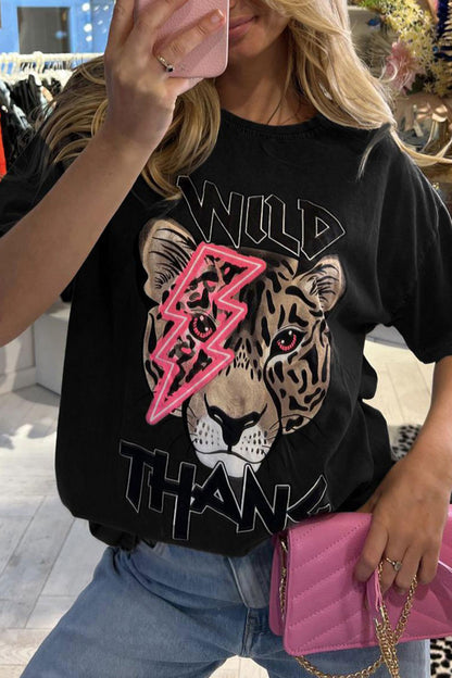 Ladies Oversized Tiger Lightning Wild Thang Short Sleeves T Shirt Top