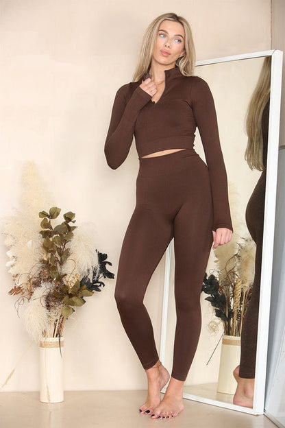 Ribbed Tracksuit Two Piece Set With Half Zip Detail Gym Loungewear