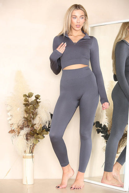 Ribbed Tracksuit Two Piece Set With Half Zip Detail Gym Loungewear