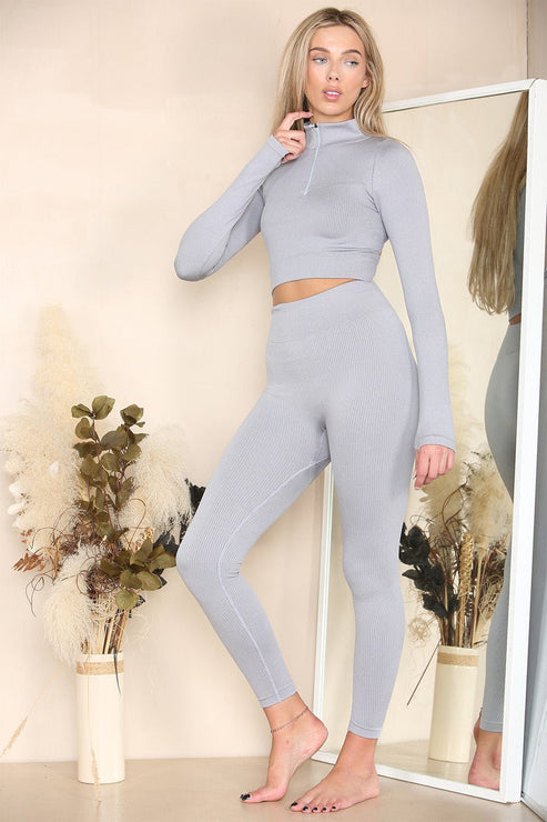 Ribbed Tracksuit Two Piece Set With Half Zip Detail Gym Loungewear