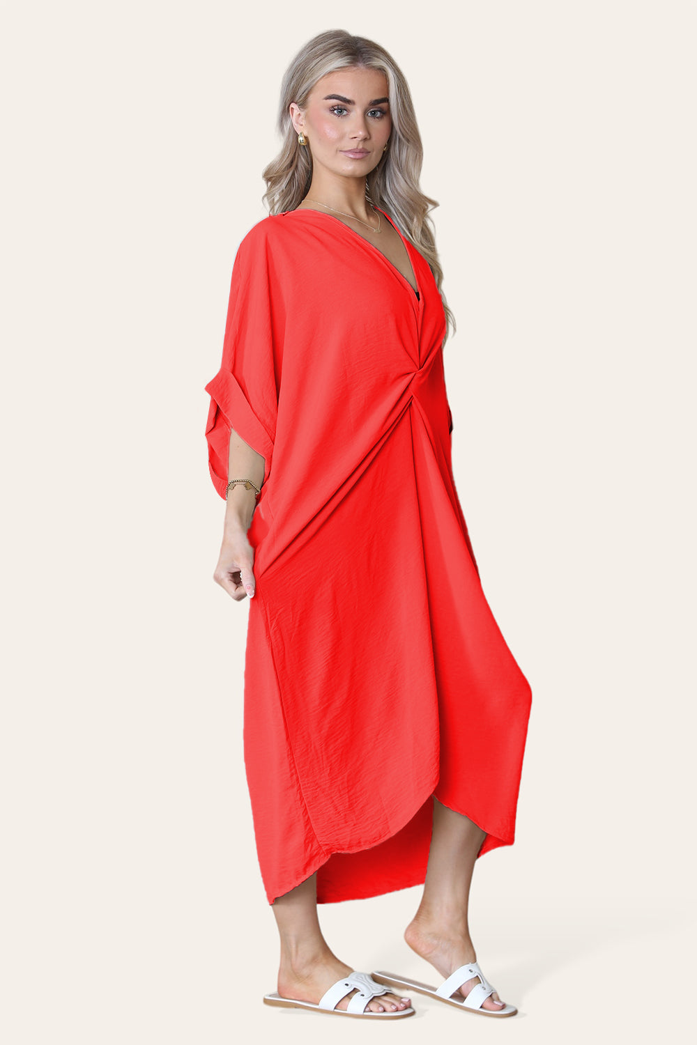 Womens V-Neck Tie Knotted Twisted Front Oversized Longline Midi Dress - 9th Degree