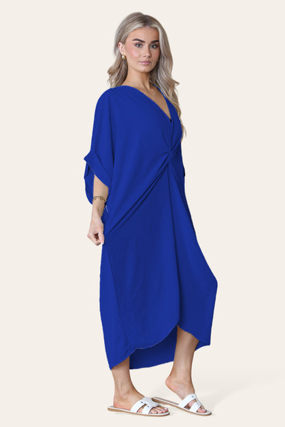 Womens V-Neck Tie Knotted Twisted Front Oversized Longline Midi Dress - 9th Degree