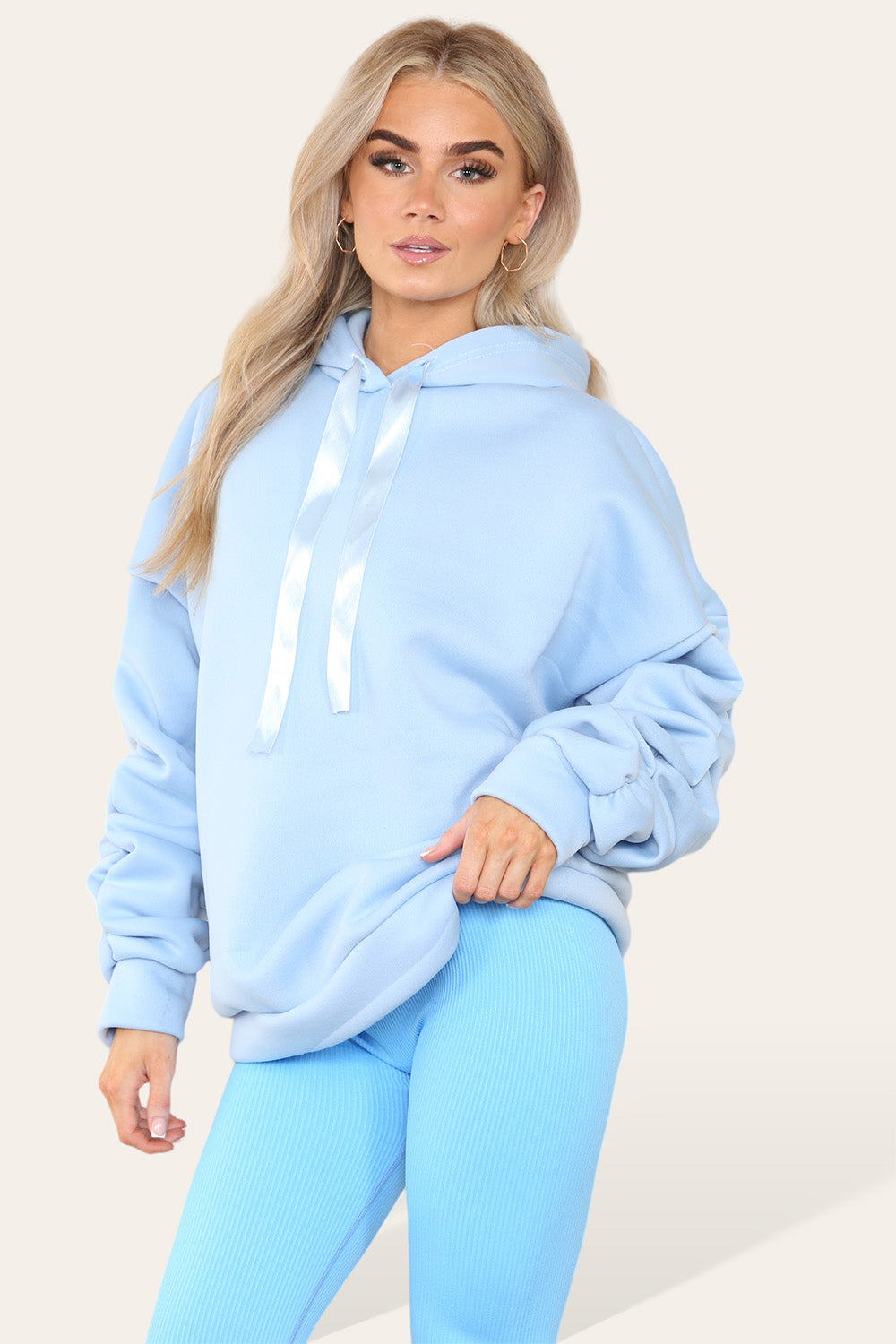 Oversized Ruched Sleeves Hoodie With Satin Ribbon - 9th Degree