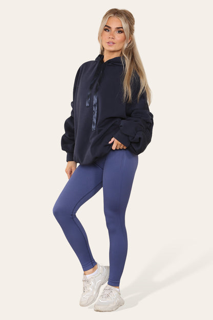 Oversized Ruched Sleeves Hoodie With Satin Ribbon - 9th Degree