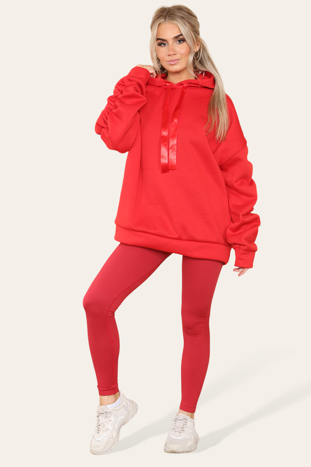 Oversized Ruched Sleeves Hoodie With Satin Ribbon - 9th Degree