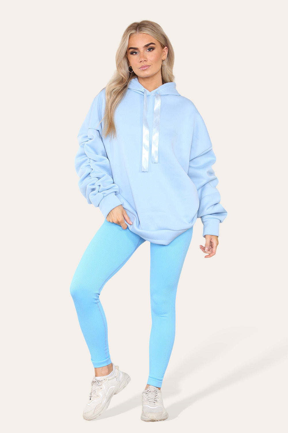 Oversized Ruched Sleeves Hoodie With Satin Ribbon - 9th Degree