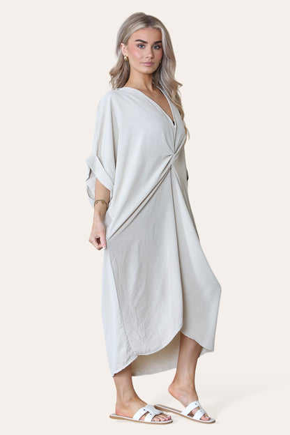 Womens V-Neck Tie Knotted Twisted Front Oversized Longline Midi Dress - 9th Degree