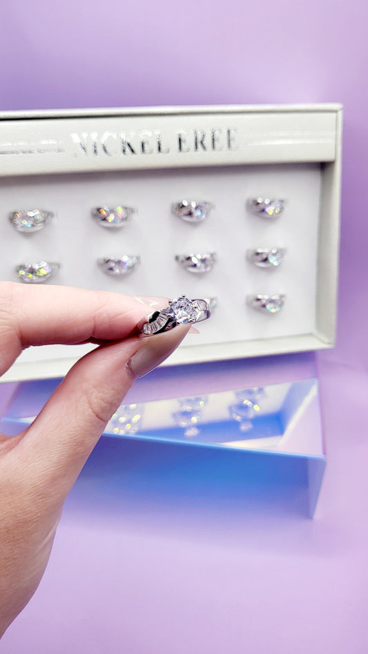 Baguette Crystal Ring Silver Box set of 12